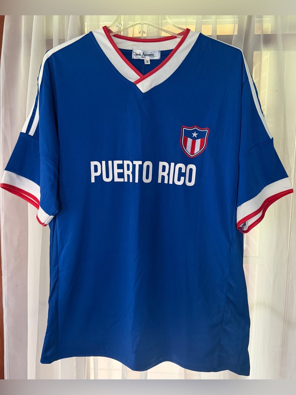 NWT Puerto Rico Flag Embroidered Solid Blue T-Shirt White Stripes on Sleeves